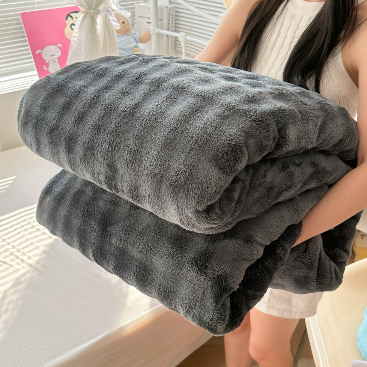 韩巢家纺 2025新款高克重泡泡绒毛毯多功能牛奶绒毯子支持跨境电商 高级灰