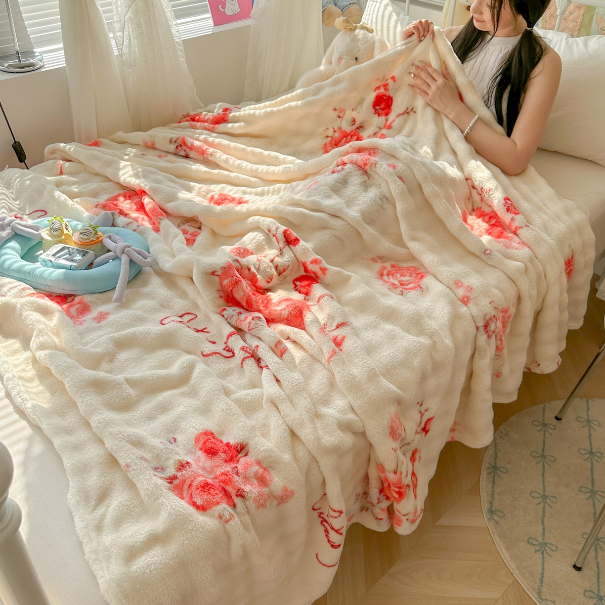 91家纺网 家纺一手货源 找家纺 韩巢家纺 2025新款高克重泡泡绒毛毯多功能牛奶绒毯子支持跨境电商 国色天香