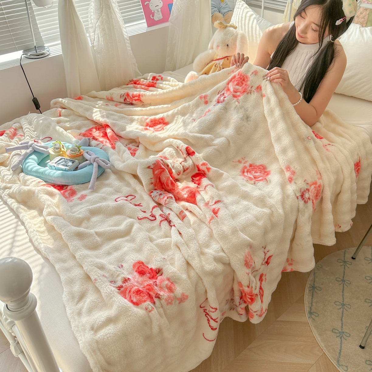 91家纺网 家纺一手货源 找家纺 韩巢家纺 2025新款高克重泡泡绒毛毯多功能牛奶绒毯子支持跨境电商 国色天香