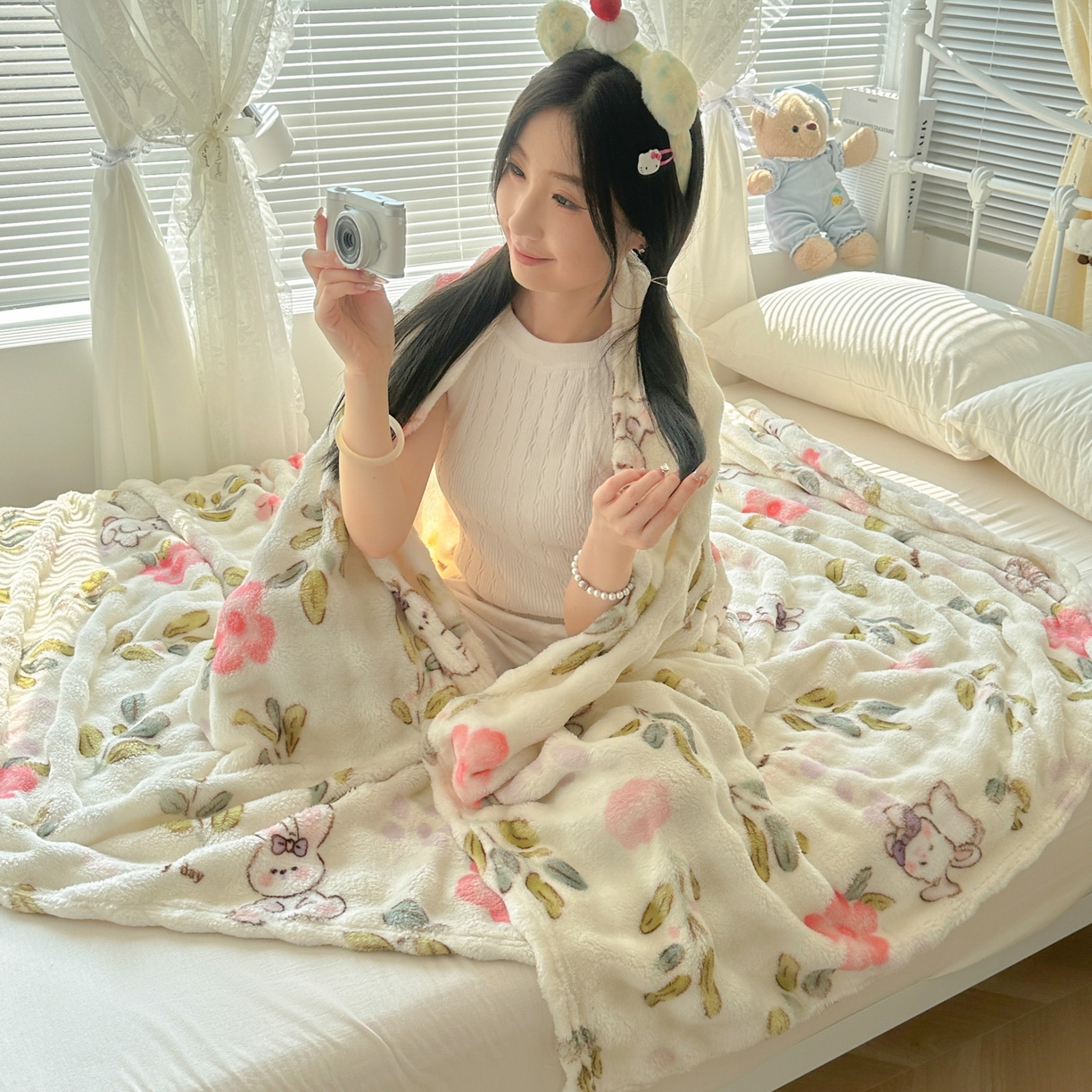 91家纺网 家纺一手货源 找家纺 韩巢家纺 2025新款高克重泡泡绒毛毯多功能牛奶绒毯子支持跨境电商 青青小兔