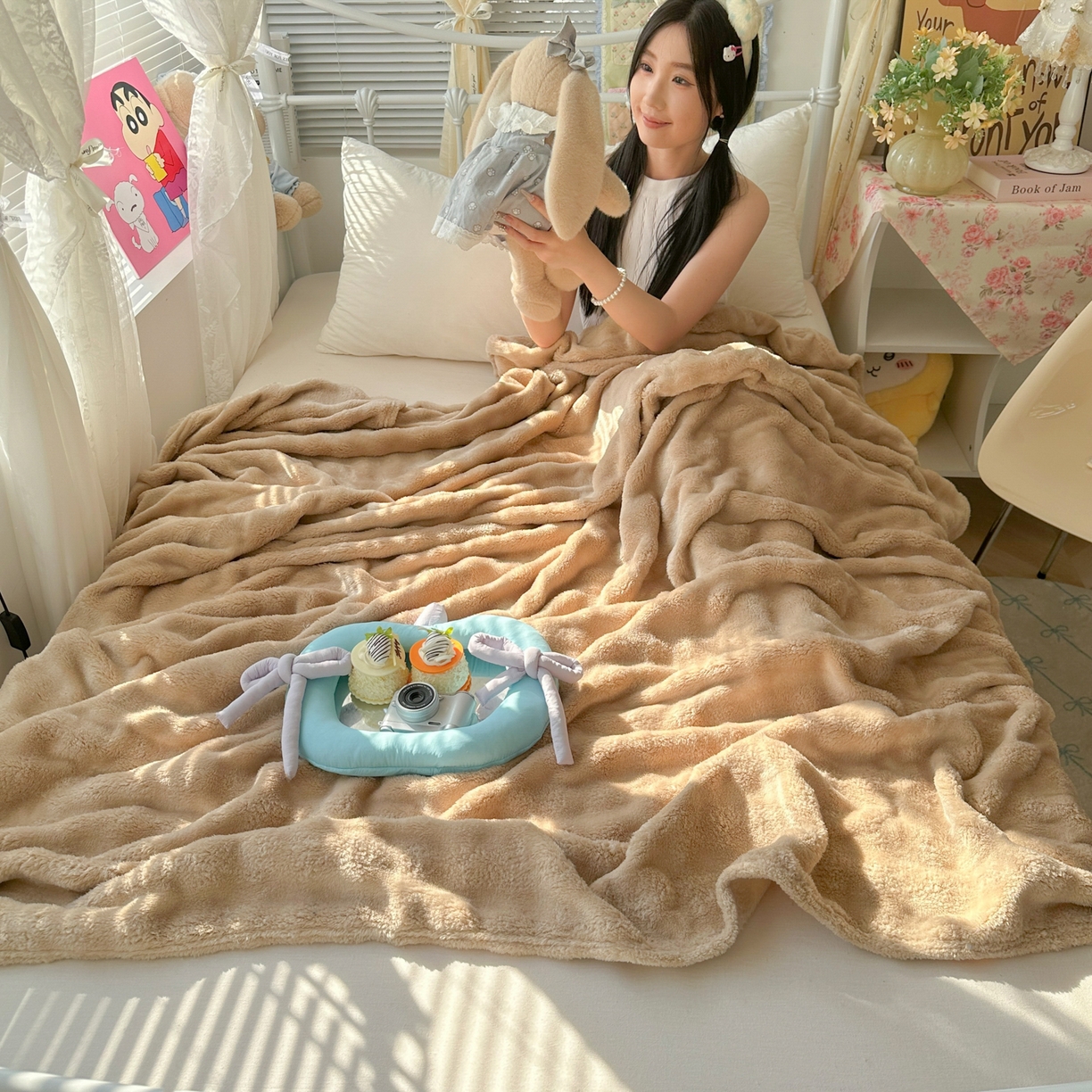 91家纺网 家纺一手货源 找家纺 韩巢家纺 2025新款高克重泡泡绒毛毯多功能牛奶绒毯子支持跨境电商 香槟色