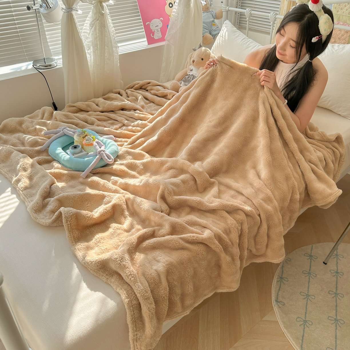 91家纺网 家纺一手货源 找家纺 韩巢家纺 2025新款高克重泡泡绒毛毯多功能牛奶绒毯子支持跨境电商 香槟色