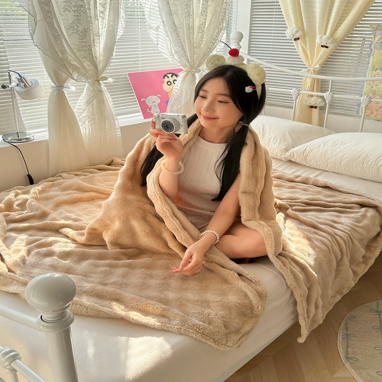 91家纺网 家纺一手货源 找家纺 韩巢家纺 2025新款高克重泡泡绒毛毯多功能牛奶绒毯子支持跨境电商 香槟色