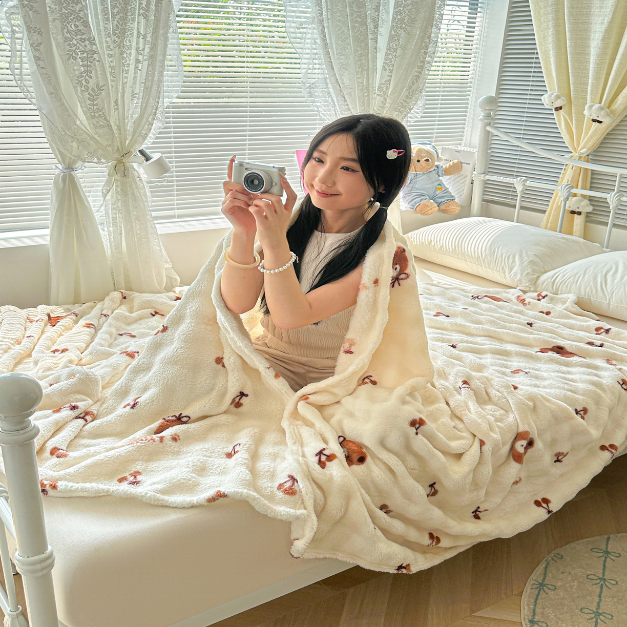 91家纺网 家纺一手货源 找家纺 韩巢家纺 2025新款高克重泡泡绒毛毯多功能牛奶绒毯子支持跨境电商 樱桃小熊