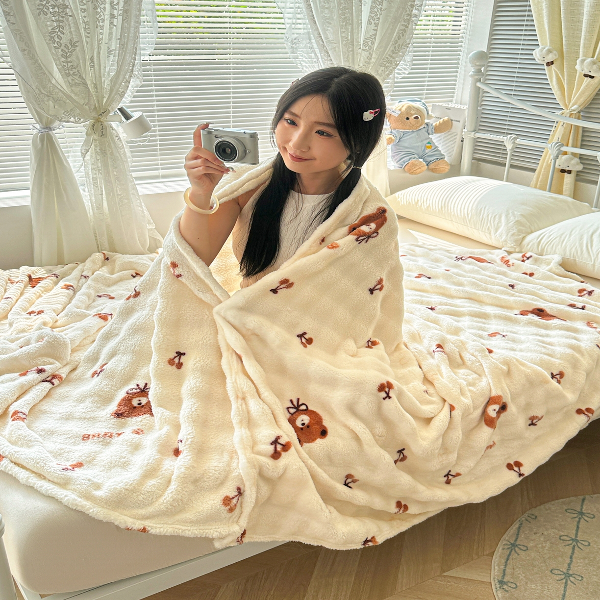 91家纺网 家纺一手货源 找家纺 韩巢家纺 2025新款高克重泡泡绒毛毯多功能牛奶绒毯子支持跨境电商 樱桃小熊