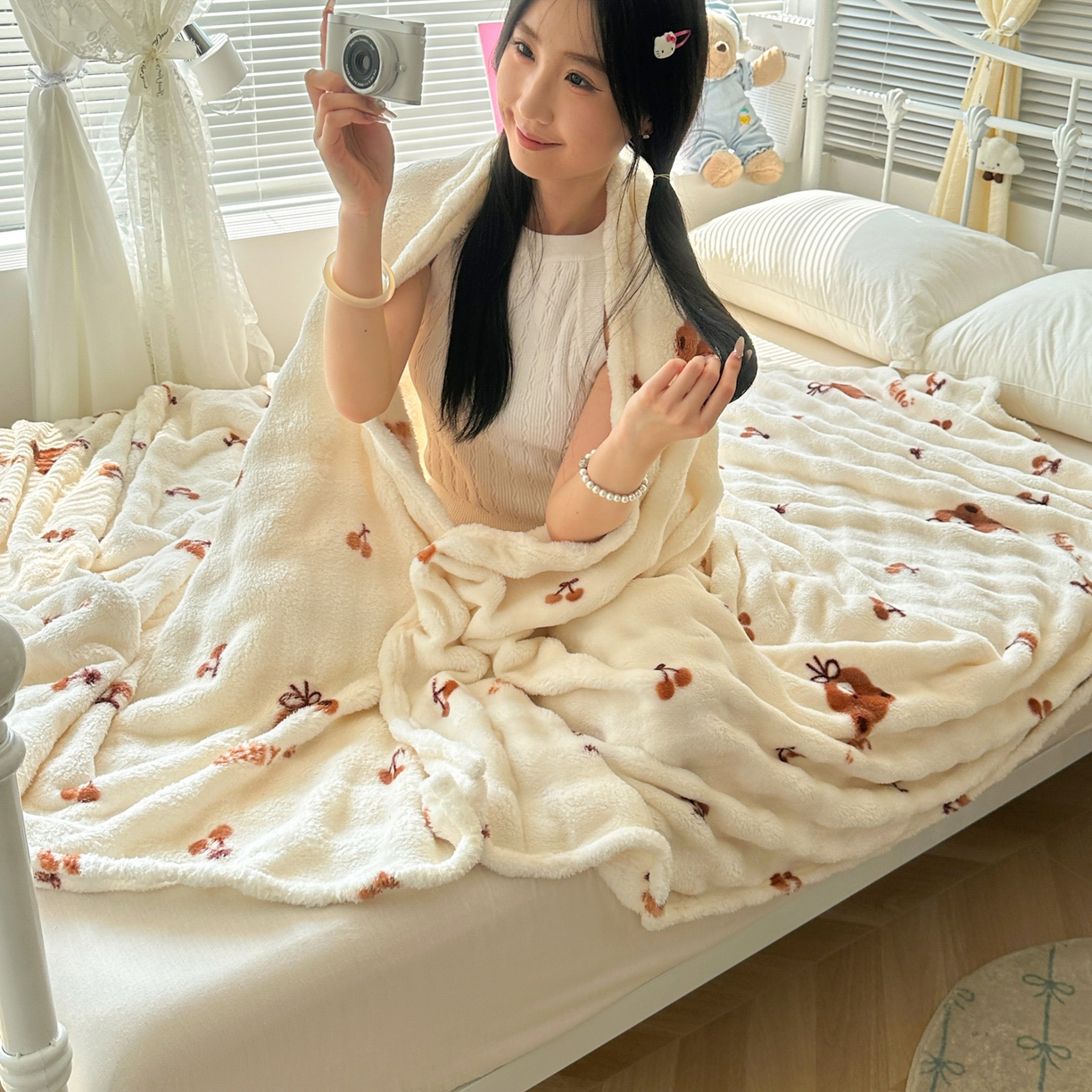 91家纺网 家纺一手货源 找家纺 韩巢家纺 2025新款高克重泡泡绒毛毯多功能牛奶绒毯子支持跨境电商 樱桃小熊