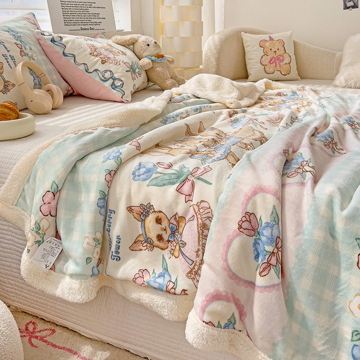 91家纺网 家纺一手货源 找家纺 小叮当家纺仓储工厂店 买家秀 爆款花型2025新款牛奶绒洛丽塔小清新印花系列毛毯毯子 萝莉小兔