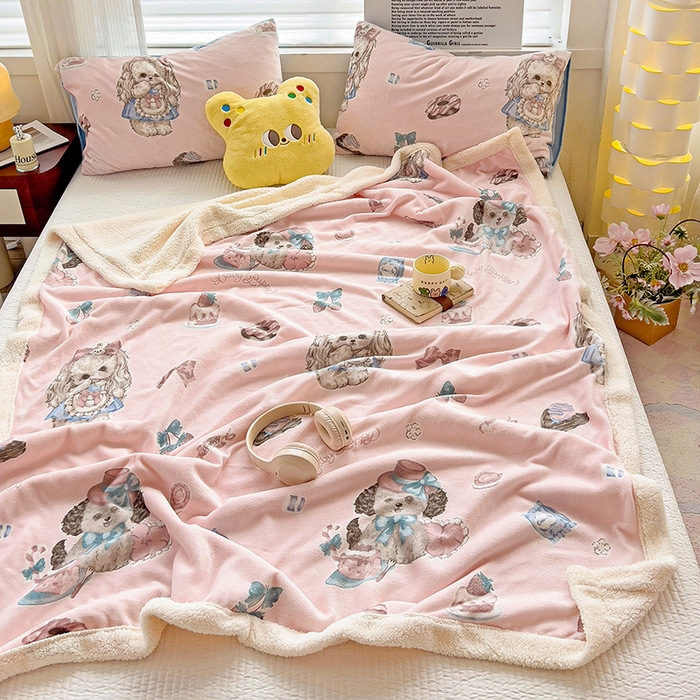 91家纺网 家纺一手货源 找家纺 小叮当家纺仓储工厂店 买家秀 爆款花型2025新款牛奶绒洛丽塔小清新印花系列毛毯毯子 花花狗和斑斑兔