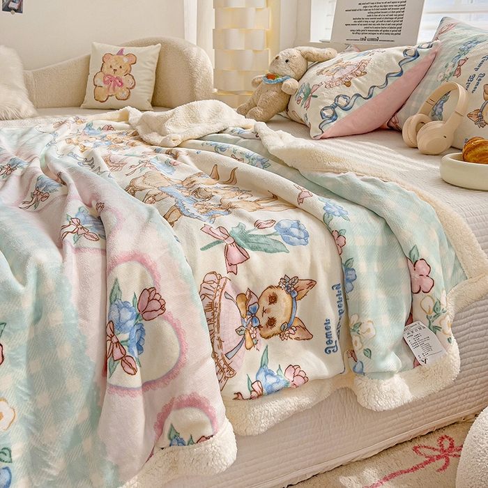 91家纺网 家纺一手货源 找家纺 小叮当家纺仓储工厂店 买家秀 爆款花型2025新款牛奶绒洛丽塔小清新印花系列毛毯毯子 萝莉小兔