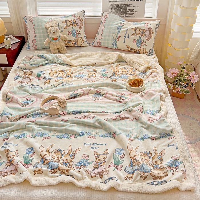 91家纺网 家纺一手货源 找家纺 小叮当家纺仓储工厂店 买家秀 爆款花型2025新款牛奶绒洛丽塔小清新印花系列毛毯毯子 萝莉小兔