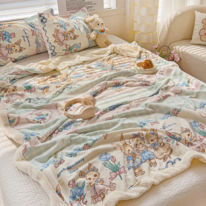 91家纺网 家纺一手货源 找家纺 小叮当家纺仓储工厂店 买家秀 爆款花型2025新款牛奶绒洛丽塔小清新印花系列毛毯毯子 萝莉小兔