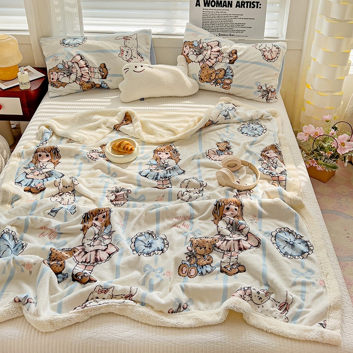 91家纺网 家纺一手货源 找家纺 小叮当家纺仓储工厂店 买家秀 爆款花型2025新款牛奶绒洛丽塔小清新印花系列毛毯毯子 甜美女孩