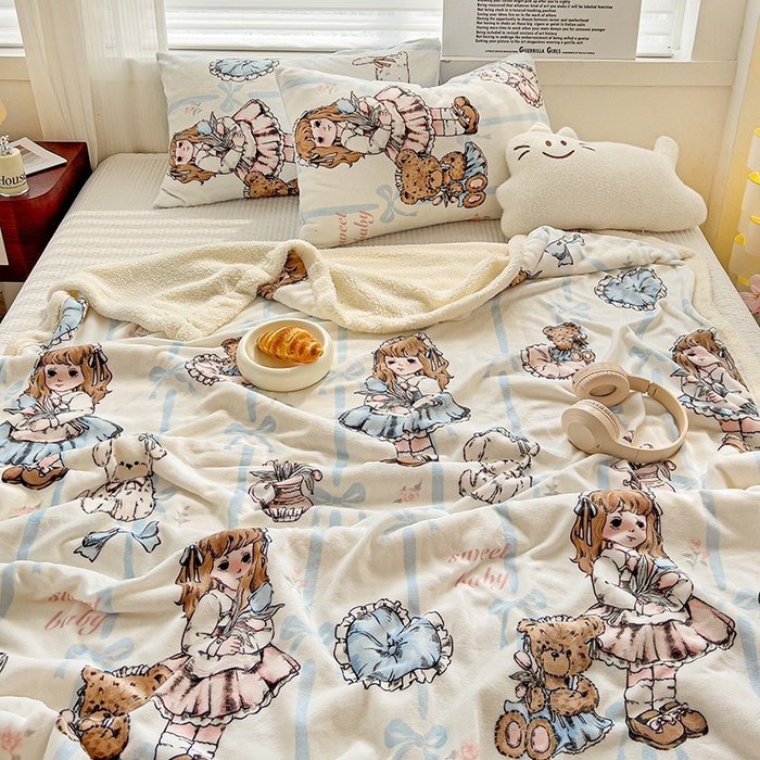 91家纺网 家纺一手货源 找家纺 小叮当家纺仓储工厂店 买家秀 爆款花型2025新款牛奶绒洛丽塔小清新印花系列毛毯毯子 甜美女孩