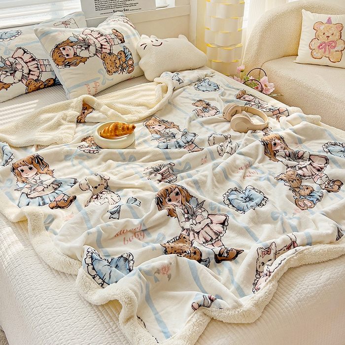 91家纺网 家纺一手货源 找家纺 小叮当家纺仓储工厂店 买家秀 爆款花型2025新款牛奶绒洛丽塔小清新印花系列毛毯毯子 甜美女孩