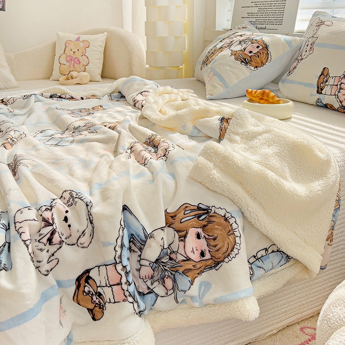 91家纺网 家纺一手货源 找家纺 小叮当家纺仓储工厂店 买家秀 爆款花型2025新款牛奶绒洛丽塔小清新印花系列毛毯毯子 甜美女孩