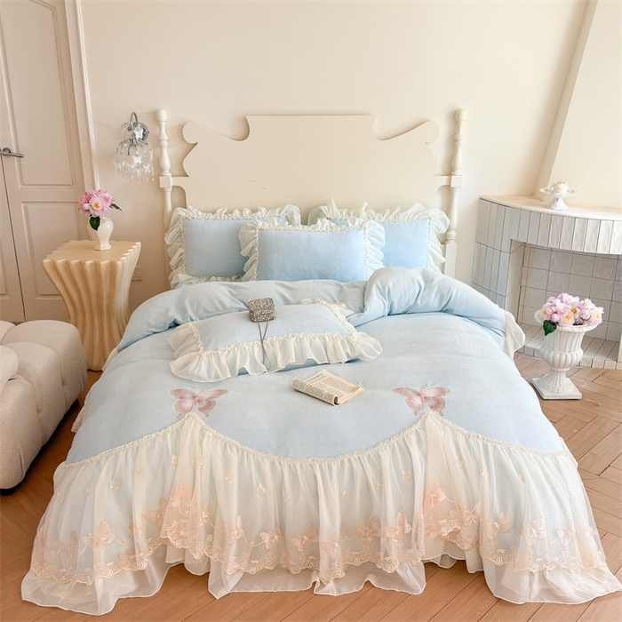 91家纺网 家纺一手货源 找家纺 （总）富盛家纺 2025新款牛奶绒床裙款蕾丝刺绣四件套韩版法式公主风--睡美人系列