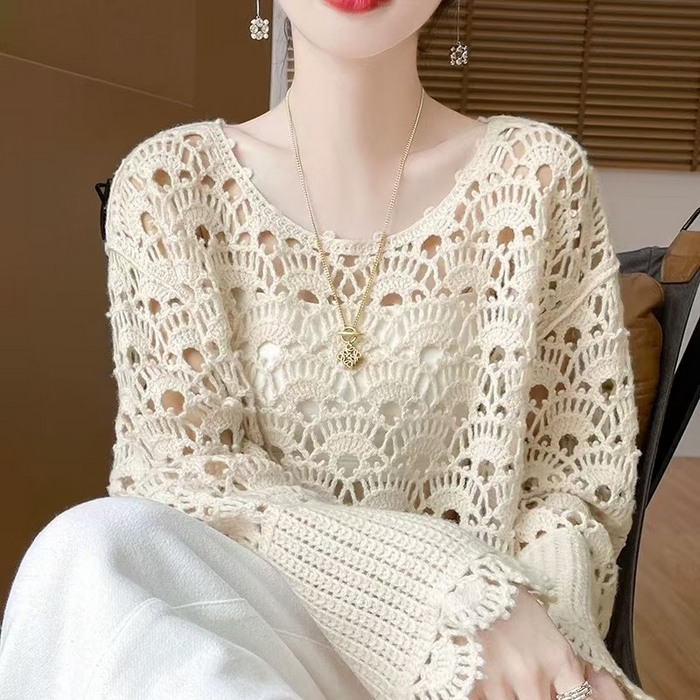 91家纺网 家纺一手货源 找家纺 （总）洛兰沙家居馆 只代发 新款轻奢减龄甜美软糯镂空圆领毛衣女重工钩花喇叭袖宽松套头上衣