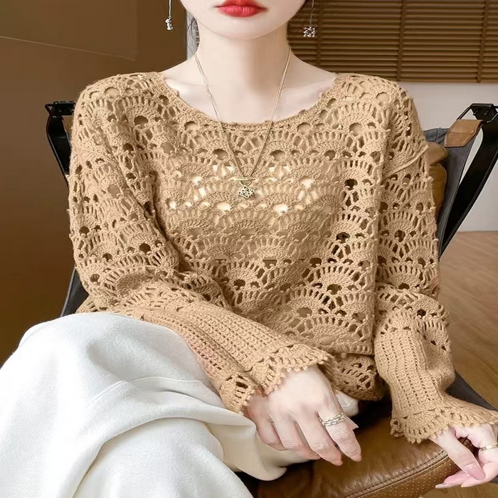 91家纺网 家纺一手货源 找家纺 （总）洛兰沙家居馆 只代发 新款轻奢减龄甜美软糯镂空圆领毛衣女重工钩花喇叭袖宽松套头上衣