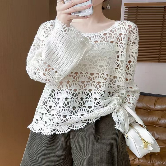 91家纺网 家纺一手货源 找家纺 （总）洛兰沙家居馆 只代发 新款轻奢减龄甜美软糯镂空圆领毛衣女重工钩花喇叭袖宽松套头上衣