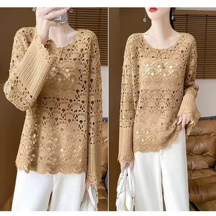 91家纺网 家纺一手货源 找家纺 （总）洛兰沙家居馆 只代发 新款轻奢减龄甜美软糯镂空圆领毛衣女重工钩花喇叭袖宽松套头上衣