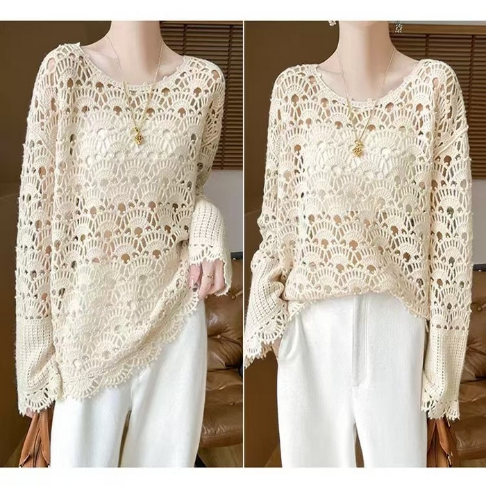 91家纺网 家纺一手货源 找家纺 （总）洛兰沙家居馆 只代发 新款轻奢减龄甜美软糯镂空圆领毛衣女重工钩花喇叭袖宽松套头上衣
