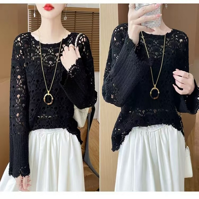 91家纺网 家纺一手货源 找家纺 （总）洛兰沙家居馆 只代发 新款轻奢减龄甜美软糯镂空圆领毛衣女重工钩花喇叭袖宽松套头上衣