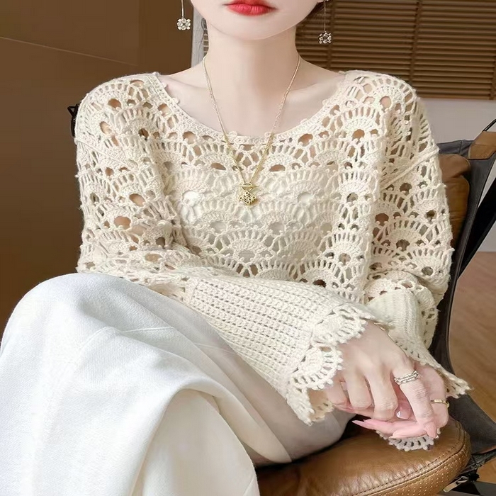 91家纺网 家纺一手货源 找家纺 （总）洛兰沙家居馆 只代发 新款轻奢减龄甜美软糯镂空圆领毛衣女重工钩花喇叭袖宽松套头上衣