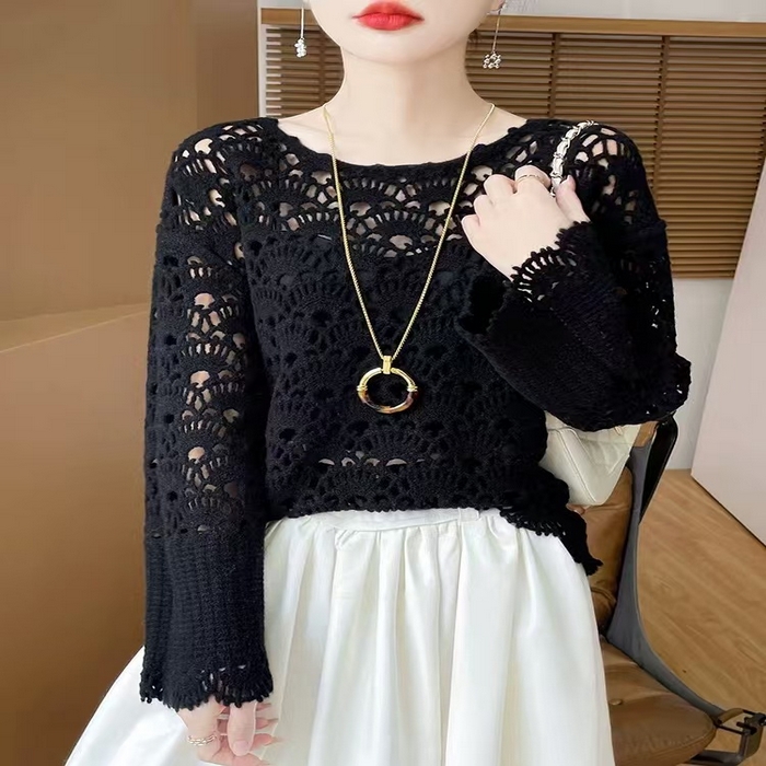 91家纺网 家纺一手货源 找家纺 （总）洛兰沙家居馆 只代发 新款轻奢减龄甜美软糯镂空圆领毛衣女重工钩花喇叭袖宽松套头上衣