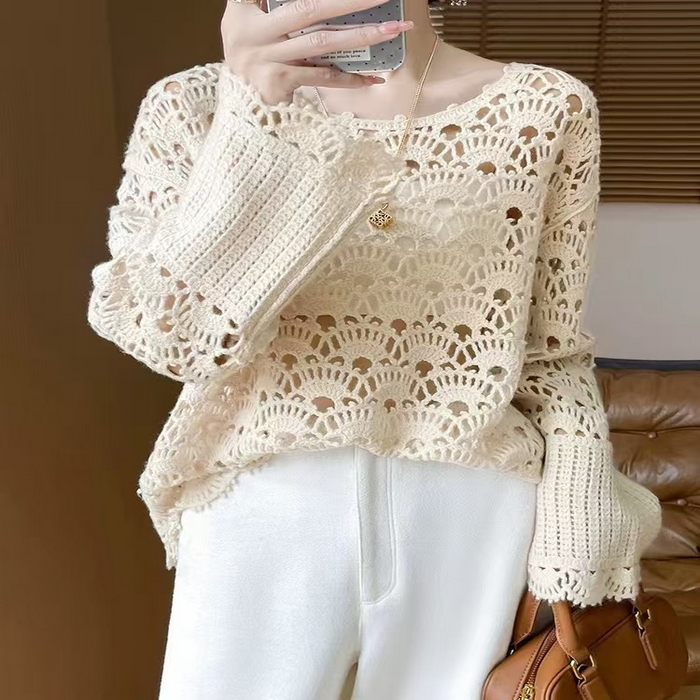 91家纺网 家纺一手货源 找家纺 （总）洛兰沙家居馆 只代发 新款轻奢减龄甜美软糯镂空圆领毛衣女重工钩花喇叭袖宽松套头上衣