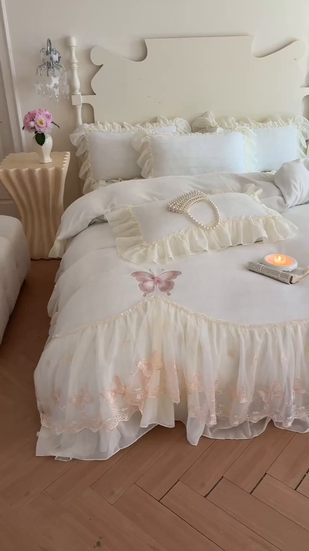 91家纺网 家纺一手货源 找家纺 富盛家纺 2025新款牛奶绒床裙款蕾丝刺绣四件套韩版法式公主风--睡美人系列 睡美人-白