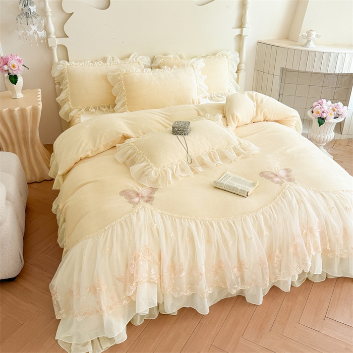 91家纺网 家纺一手货源 找家纺 富盛家纺 2025新款牛奶绒床裙款蕾丝刺绣四件套韩版法式公主风--睡美人系列 睡美人-黄