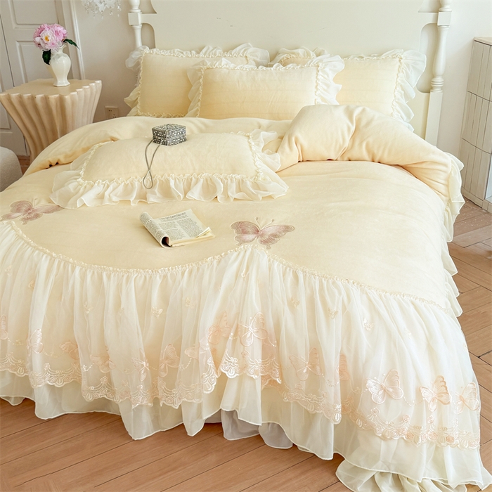 91家纺网 家纺一手货源 找家纺 富盛家纺 2025新款牛奶绒床裙款蕾丝刺绣四件套韩版法式公主风--睡美人系列 睡美人-黄