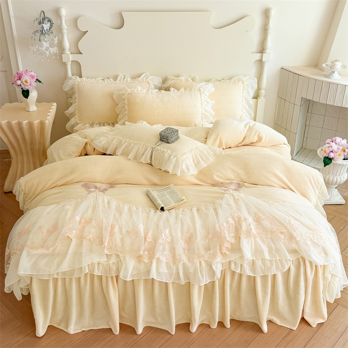 91家纺网 家纺一手货源 找家纺 富盛家纺 2025新款牛奶绒床裙款蕾丝刺绣四件套韩版法式公主风--睡美人系列 睡美人-黄