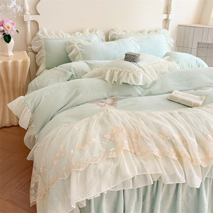 91家纺网 家纺一手货源 找家纺 富盛家纺 2025新款牛奶绒床裙款蕾丝刺绣四件套韩版法式公主风--睡美人系列 睡美人-绿