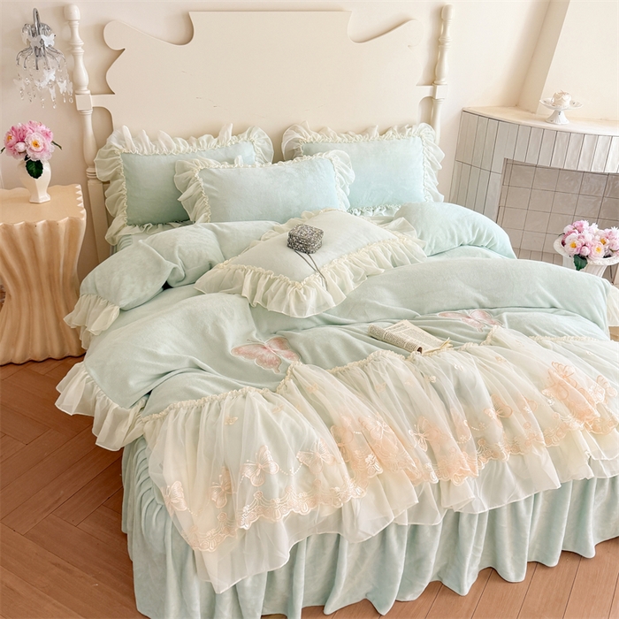 91家纺网 家纺一手货源 找家纺 富盛家纺 2025新款牛奶绒床裙款蕾丝刺绣四件套韩版法式公主风--睡美人系列 睡美人-绿