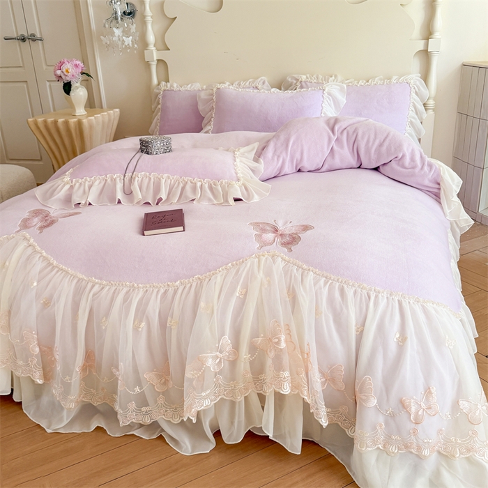 91家纺网 家纺一手货源 找家纺 富盛家纺 2025新款牛奶绒床裙款蕾丝刺绣四件套韩版法式公主风--睡美人系列 睡美人-紫