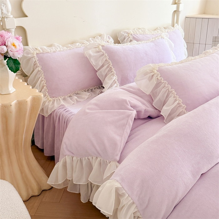 91家纺网 家纺一手货源 找家纺 富盛家纺 2025新款牛奶绒床裙款蕾丝刺绣四件套韩版法式公主风--睡美人系列 睡美人-紫