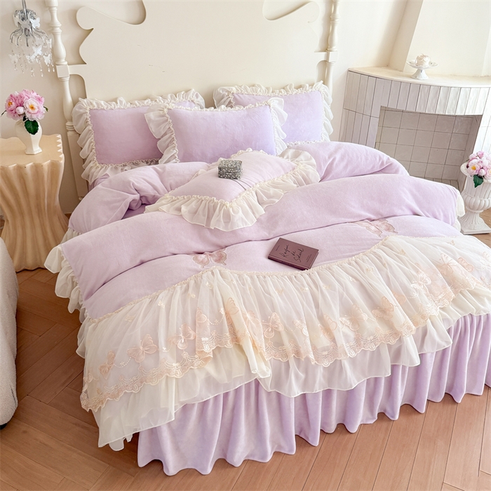 91家纺网 家纺一手货源 找家纺 富盛家纺 2025新款牛奶绒床裙款蕾丝刺绣四件套韩版法式公主风--睡美人系列 睡美人-紫