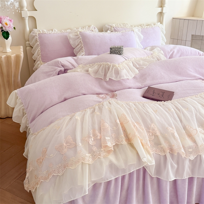 91家纺网 家纺一手货源 找家纺 富盛家纺 2025新款牛奶绒床裙款蕾丝刺绣四件套韩版法式公主风--睡美人系列 睡美人-紫