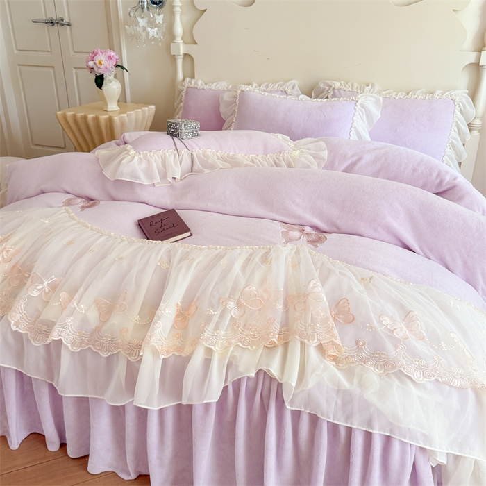 91家纺网 家纺一手货源 找家纺 富盛家纺 2025新款牛奶绒床裙款蕾丝刺绣四件套韩版法式公主风--睡美人系列 睡美人-紫