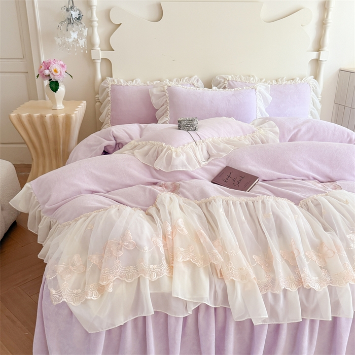91家纺网 家纺一手货源 找家纺 富盛家纺 2025新款牛奶绒床裙款蕾丝刺绣四件套韩版法式公主风--睡美人系列 睡美人-紫