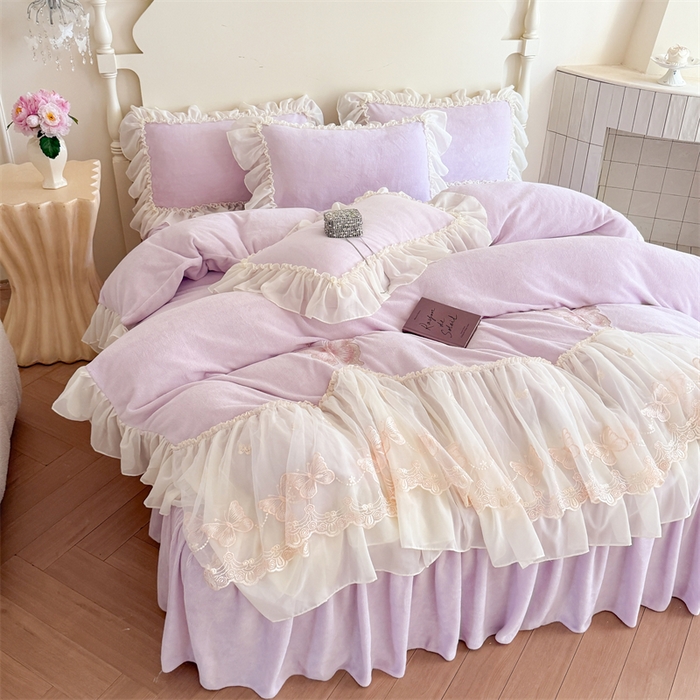 91家纺网 家纺一手货源 找家纺 富盛家纺 2025新款牛奶绒床裙款蕾丝刺绣四件套韩版法式公主风--睡美人系列 睡美人-紫