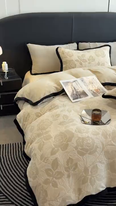 91家纺网 家纺一手货源 找家纺 懒猫家纺 2025新款宽包边雕花绒四件套 柔曼花踪