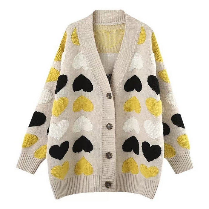 91家纺网 家纺一手货源 找家纺 （总）洛兰沙家居馆 只代发 休闲气质款宽松慵懒风毛衣外套女秋冬厚新款韩版爱心毛巾绣针织衫开衫