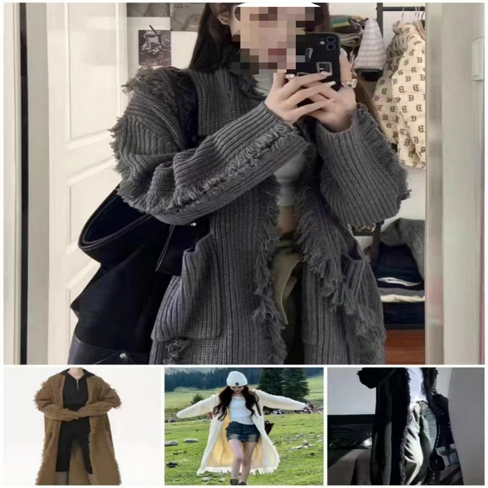 91家纺网 家纺一手货源 找家纺 （总）洛兰沙家居馆 只代发 拉风针织开衫女秋季新款慵懒风长款流苏设计感软糯时尚宽松毛衣女大衣