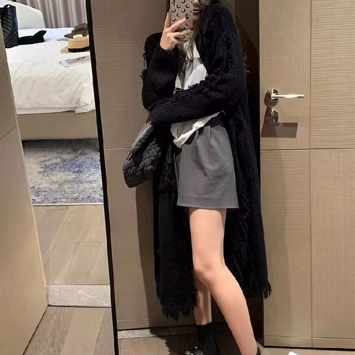 91家纺网 家纺一手货源 找家纺 （总）洛兰沙家居馆 只代发 拉风针织开衫女秋季新款慵懒风长款流苏设计感软糯时尚宽松毛衣女大衣