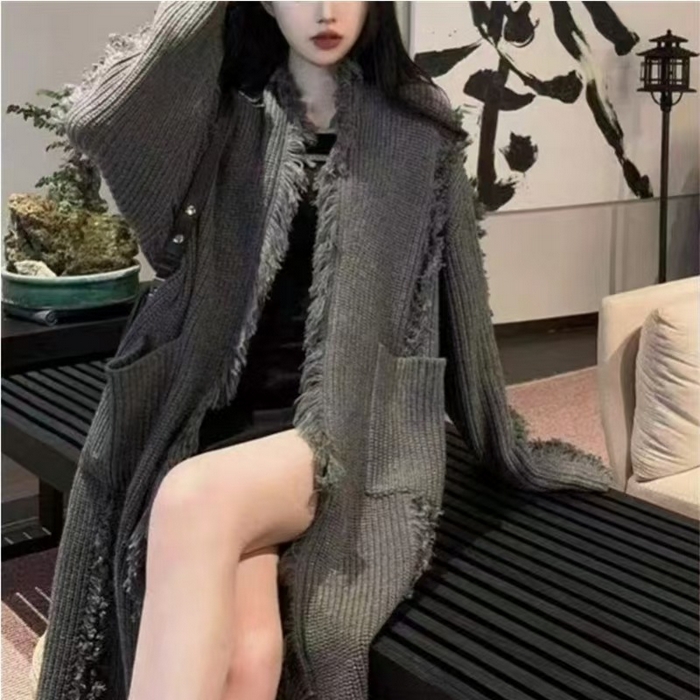 91家纺网 家纺一手货源 找家纺 （总）洛兰沙家居馆 只代发 拉风针织开衫女秋季新款慵懒风长款流苏设计感软糯时尚宽松毛衣女大衣