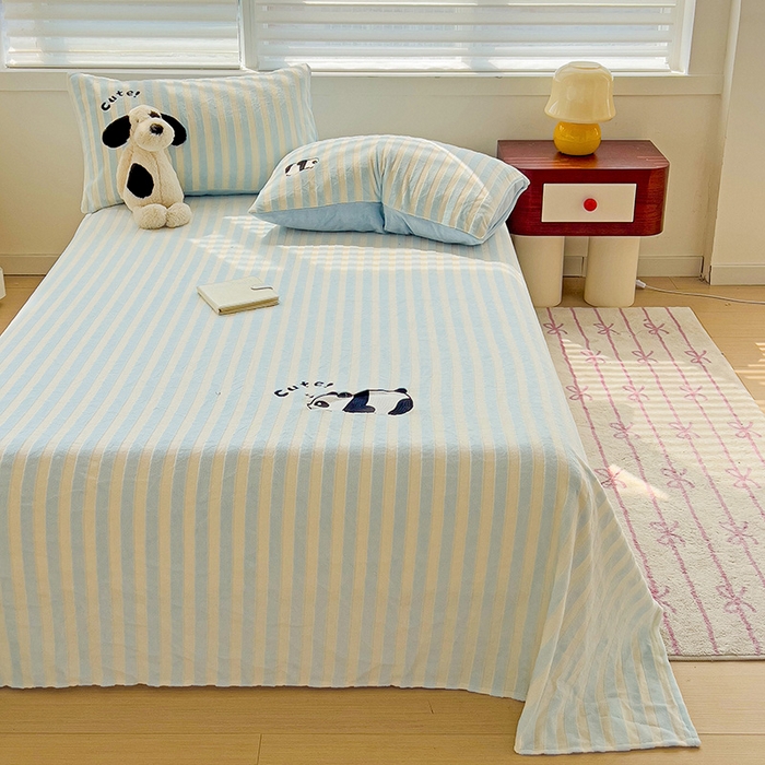 91家纺网 家纺一手货源 找家纺 （总）小叮当家纺仓储工厂店 买家秀 爆款花型2025新款小清新绣花牛奶绒经典条纹系列单品床单床笠床单床笠单件