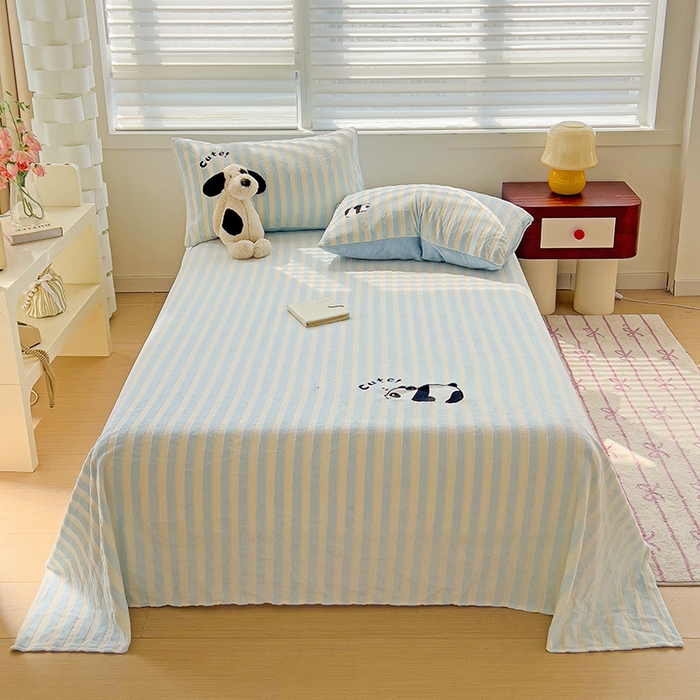 91家纺网 家纺一手货源 找家纺 （总）小叮当家纺仓储工厂店 买家秀 爆款花型2025新款小清新绣花牛奶绒经典条纹系列单品床单床笠床单床笠单件