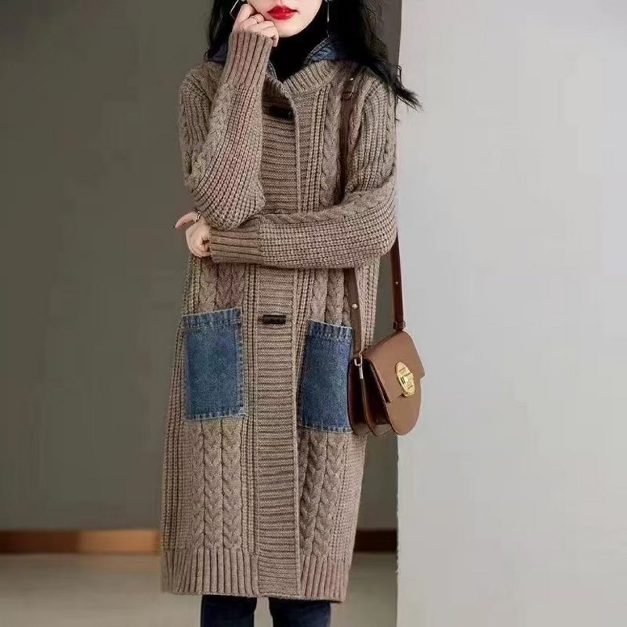 91家纺网 家纺一手货源 找家纺 （总）洛兰沙家居馆 只代发  大气新款牛仔毛衣外套女春秋开衫中长款洋气宽松外穿连帽针织上衣